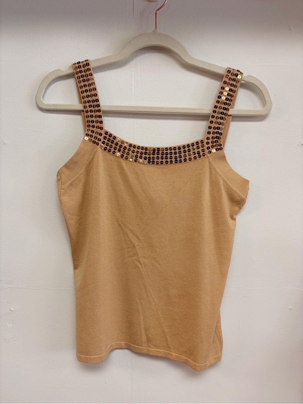 Vintage Y2K Andre Oliver tan basic tank top with gold sequin strap detail